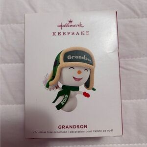 Hallmark Keepsake Grandson Snowman Ornament with Green and Red Accents